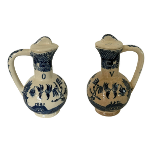 Antique Blue & White Transferware Oil and Vinegar Cruet Set With Original Stoppers, Circa 1900
