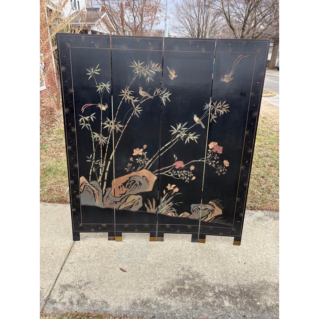 Exquisite Chinese Export Four Panel Coromandel Screen With Birds in Landscape For Sale - Image 9 of 15