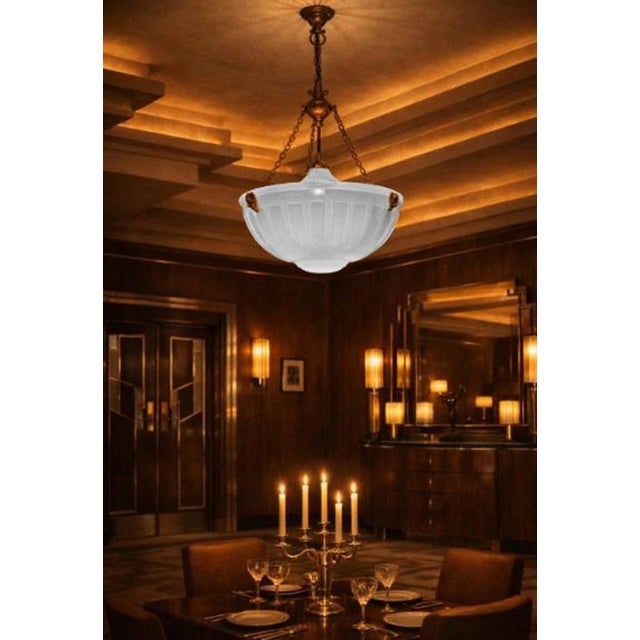Vintage Art Deco Bronze and Moonstone Glass Rams Head Pendant Light, 1930s For Sale - Image 4 of 18