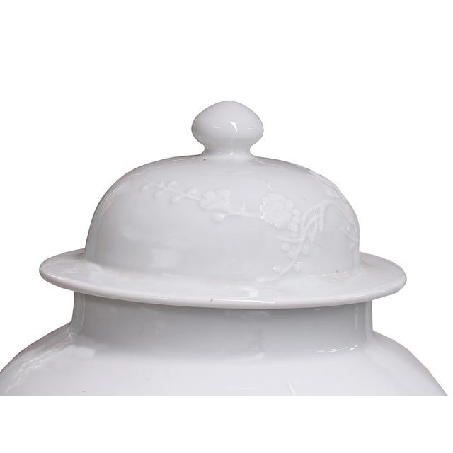 White Monochrome Round Relief Floral Motif Ceramic General Temple Jar For Sale - Image 14 of 14