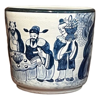 Vintage Chinese Blue White Porcelain Planter Ruo Shen Mark Figure 10" For Sale