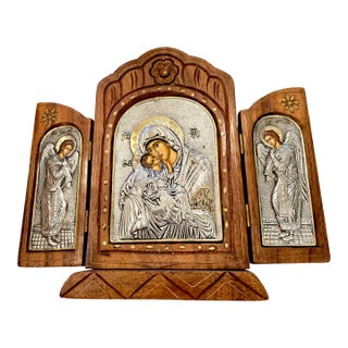 Mont Athos Handcrafted Silver 925 Byzantine Icon Triptych With Angels – 2001 For Sale