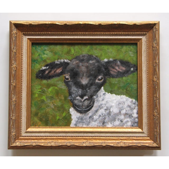 Cleo Plowden Sheep Lamb Portrait Realism English Traditional White Beige Green Original Oil Painting Cleo Plowden For Sale - Image 4 of 8