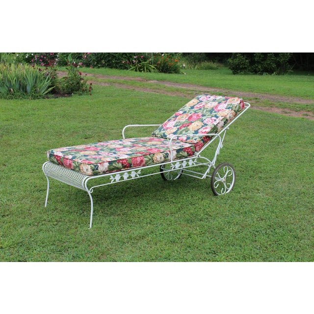Coastal Wrought Iron Chaise Lounge With Floral Cushions For Sale - Image 3 of 15
