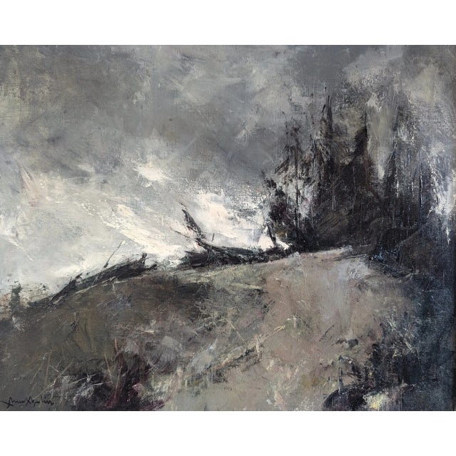 Textile Mid-Century Modern 'Storm's Edge' Vintage Original Swedish Expressive Landscape Oil Painting, Framed For Sale - Image 7 of 10