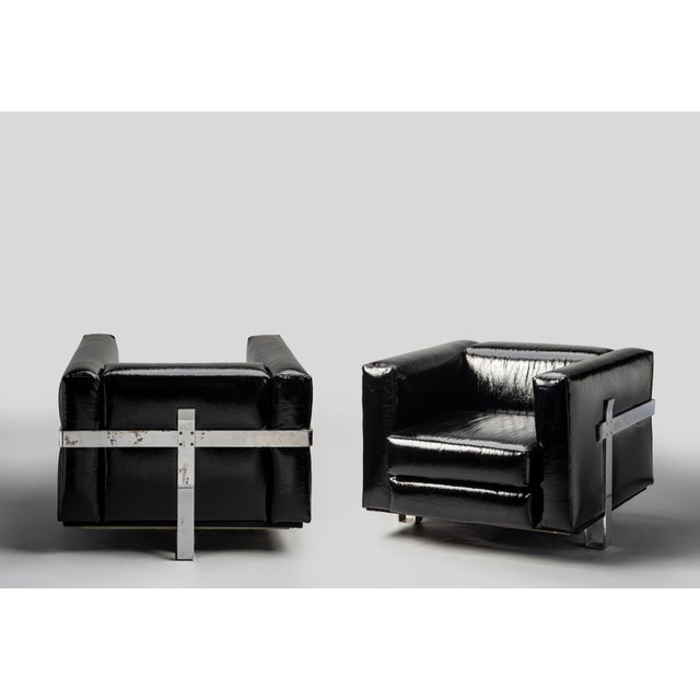 Mid-Century Modern Italian Club Chairs in Black Vinyl and Steel by Luigi Caccia Dominioni for Azucena, 1960s, Set of 2 For Sale - Image 3 of 13