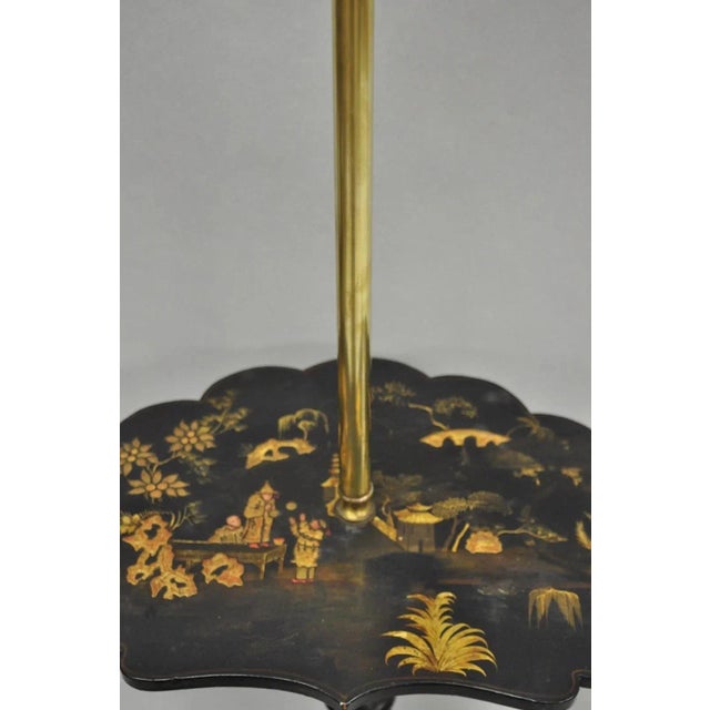 Black Antique Chinoiserie English Regency Black Lacquer Carved Wood Floor Lamp Table For Sale - Image 8 of 14