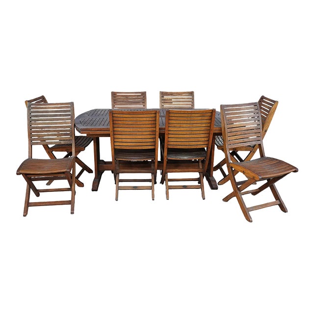 Les Jardins Teak Wood Patio Table and Eight Chairs Set Signed Outdoor Dining For Sale