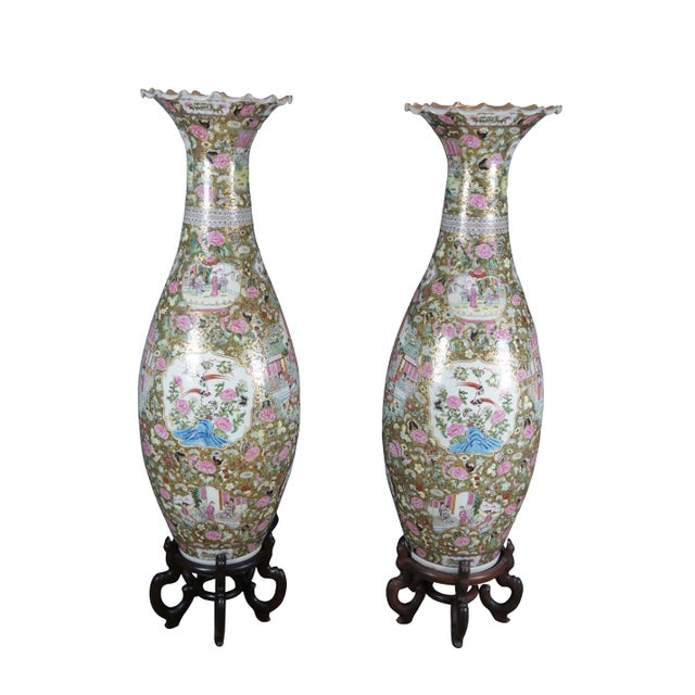 Chinese Pair of Antique Chinese Porcelain Canton Famille Rose Palace Urns Vases 53" For Sale - Image 3 of 12