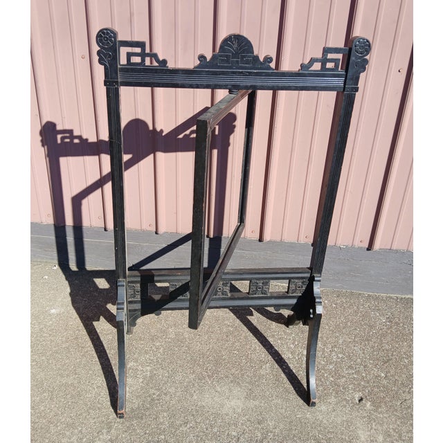 Wood Antique Victorian Fireplace Screen Stand 1860s Original Black Lacquer For Sale - Image 7 of 12