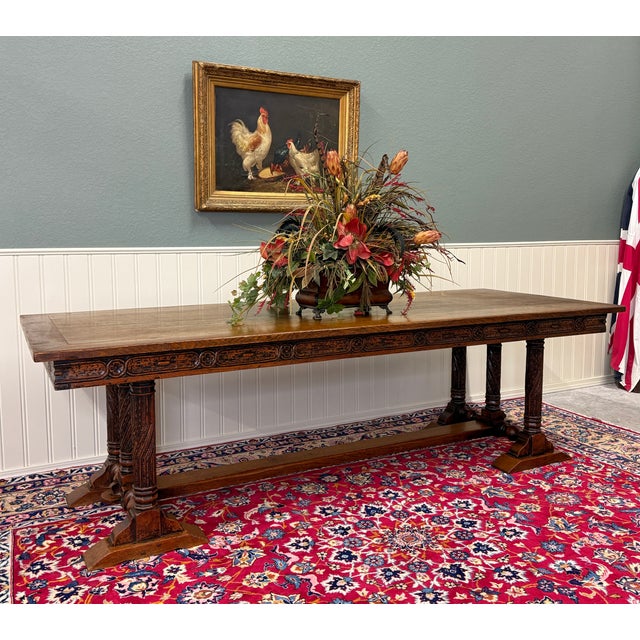 EXQUISITE Antique French Renaissance Revival Farmhouse Oak Dining Table with Triple Baluster Base Resting on Trestle...