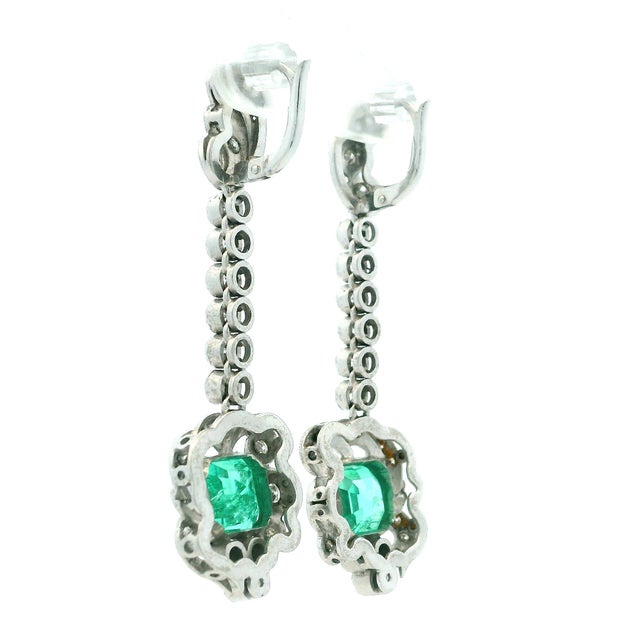 Metal Vintage Platinum Emerald & Diamond Drop Earrings, 4 Carat Emeralds, A Pair For Sale - Image 7 of 9