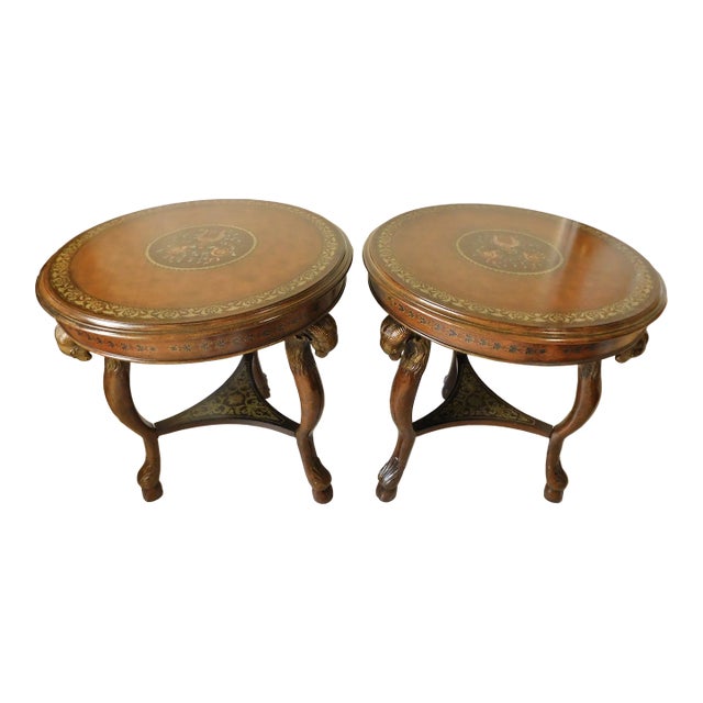 Pair Large Decorative Figural Ram's Head Round Wood Floral Accent Side/End Tables For Sale