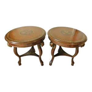 Pair Large Decorative Figural Ram's Head Round Wood Floral Accent Side/End Tables