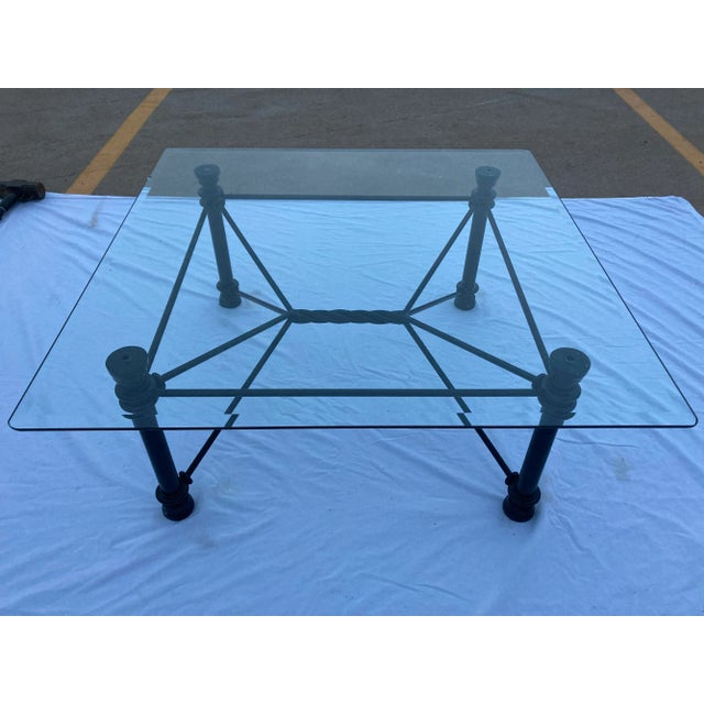 1980s Mid-Century Modern Square Wrought Iron Base Beveled Glass Top Coffee Table For Sale - Image 9 of 13