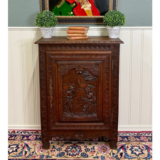 Beautifully Carved Antique French Breton Oak Jam Cabinet with Key~~c. 1900s Slim Profile beautifully carved cabinet with...