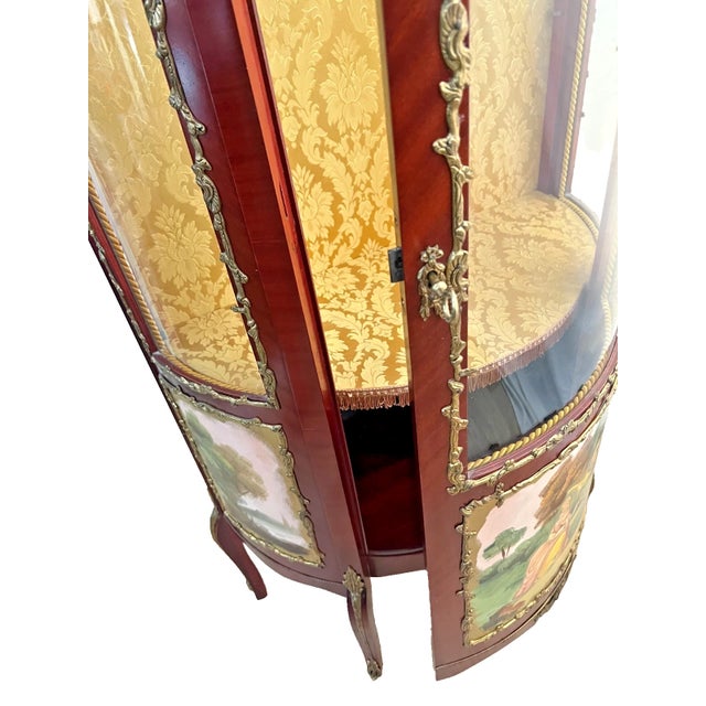 Wood Vintage French Curio China Cabinet Vitrine Demilune Lighted Locking Curved Glass For Sale - Image 7 of 13