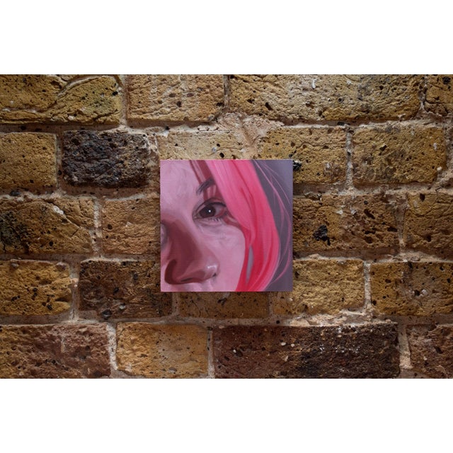 Gone Fey by Shaina Craft | Oil on wood panel Portrait of a person with pink hair and an expressive gaze. For Sale - Image 4 of 5