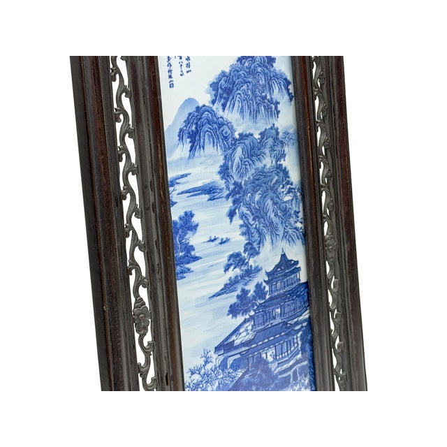Oriental Blue White Tree Mountain Scenery Porcelain Framed Wall Panel Art For Sale - Image 11 of 11