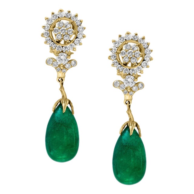 GIA Certified 28 Ct Emerald Cabochon & Diamond Drops Hanging Earrings 14 KYG For Sale