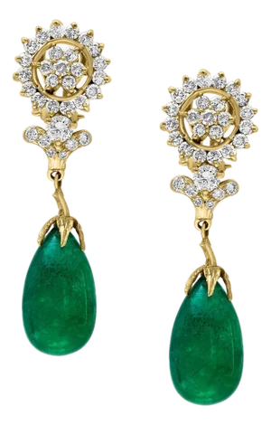 GIA Certified 28 Ct Emerald Cabochon & Diamond Drops Hanging Earrings 14 KYG
