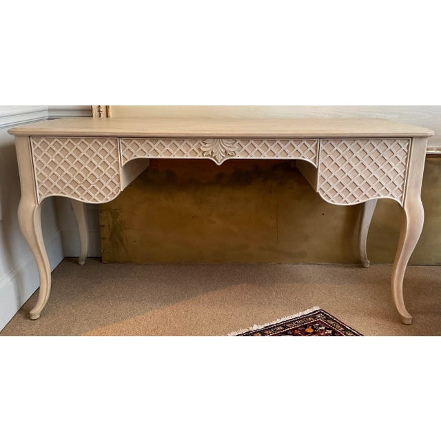 Original retail $4784, stylish Jonathan Charles Transitional Washed Nordic Wheat Lattice Morning Glory Writing Desk,...