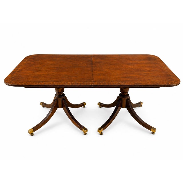 Traditional Mid 20th Century Baker Furniture Georgian-Style Inlaid Mahogany Double Pedestal Extension Dining Table With Leaf For Sale - Image 3 of 5