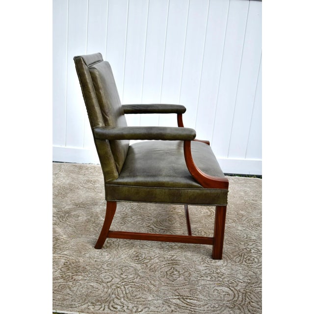 Vintage Chippendale Style Green Leather Library Chair W/Stretcher Base For Sale - Image 11 of 13