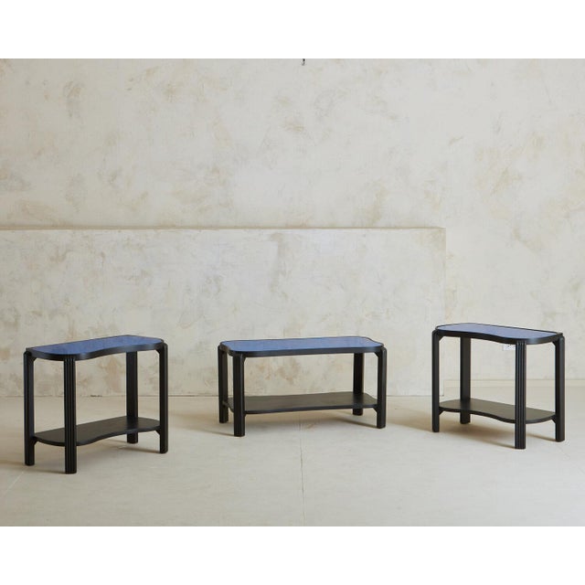 Black Painted Wood Coffee Table With Blue Glass Top Chairish