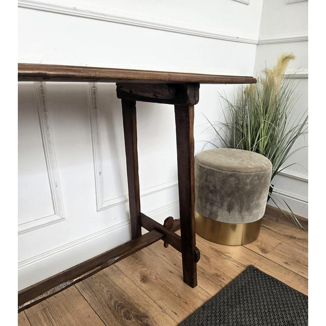 Gold Antique Rustic Minimal Italian Wooden Carved Trestle Console Table, 1890s For Sale - Image 8 of 10