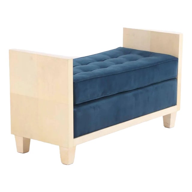 A Large Parchment Covered Upholstered Bench in the Manner of Jean-Michel Frank. For Sale