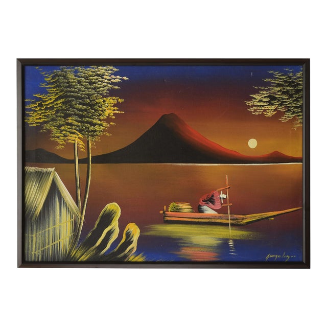 Mid 20th Century "Tropical Seafarer at Moonlight" Landscape Painting, Framed For Sale