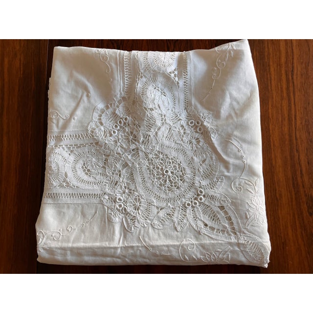 Textile Large Hand-Embroidered Linen Tablecloth, 1900s For Sale - Image 7 of 9