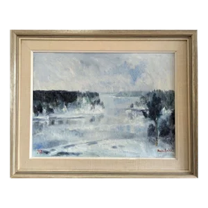 1952 Mid-Century Modern Swedish "Winter Fog" Vintage Abstract Landscape Oil Painting, Framed
