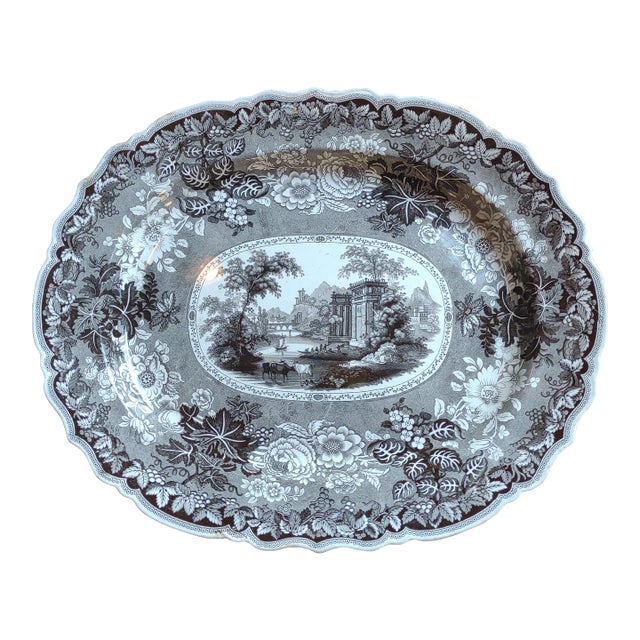 Large Antique 1820's Dark Brown Transferware Platter For Sale