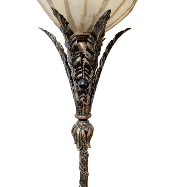 Bronze Pair of Antique Ealy 1900's Art Nouveau Cast Metal Torchiere Floor Lamps With Capiz Shell Tulip Shades For Sale - Image 8 of 11