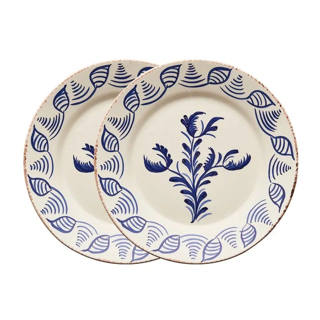Spanish Casa Nuno Blue and White Dinner Plates, 3 Flowers/Shells, Set of 2 For Sale - Image 3 of 3