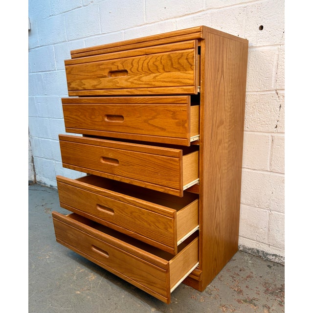 Late 20th Century Post-Modern Rounded Edge Honey Oak Five Drawer Highboy Dresser For Sale - Image 9 of 11