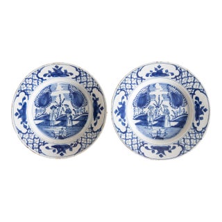 Rare 18th Century Chinoiserie Dutch Delft Faience Plates With Figures - A Pair For Sale