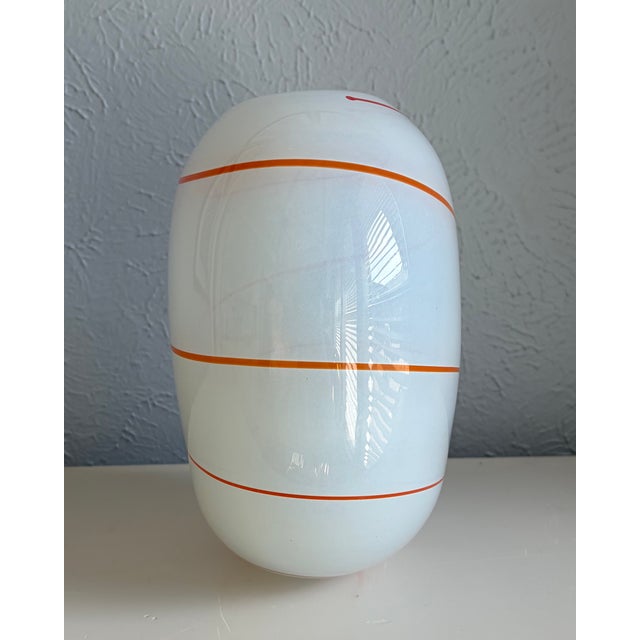 Henry Dean White Art Glass Vase With Orange-Red Grid | Chairish