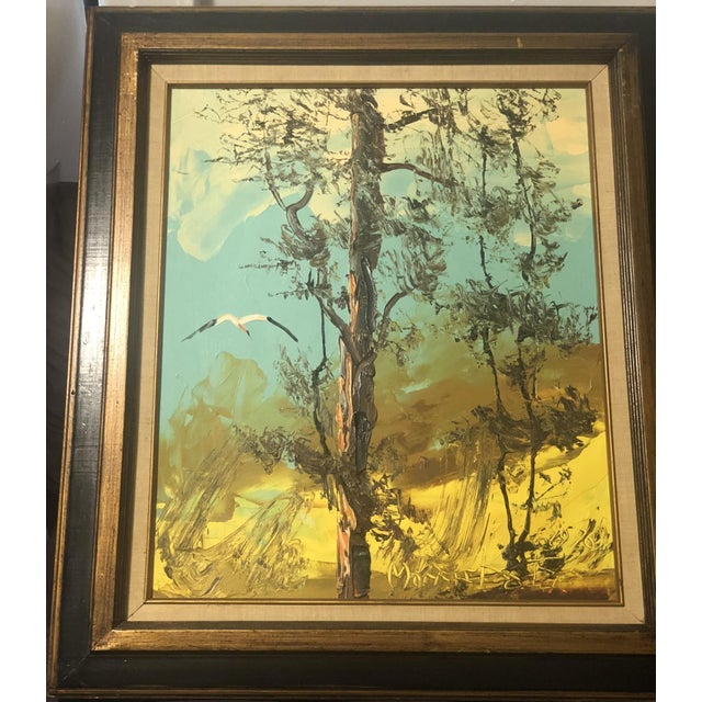 Turquoise 1976 Mid-Century Modern Morris Katz Original Impasto Bird Landscape Painting For Sale - Image 8 of 10