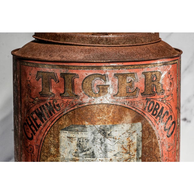 Neat Large Antique Tiger Chewing Tobacco Tin Country Store Advertising Display Can Americana Tobacciana General Store Home Decor For Sale - Image 9 of 16