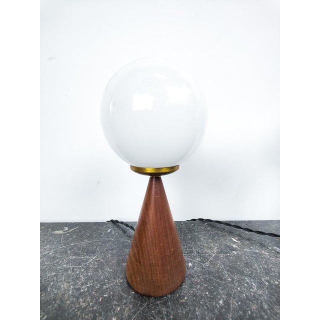 Minimalistic Modernist Conical Hard Wood and Glass Table Light in Opaline or Etched Finish For Sale - Image 4 of 5