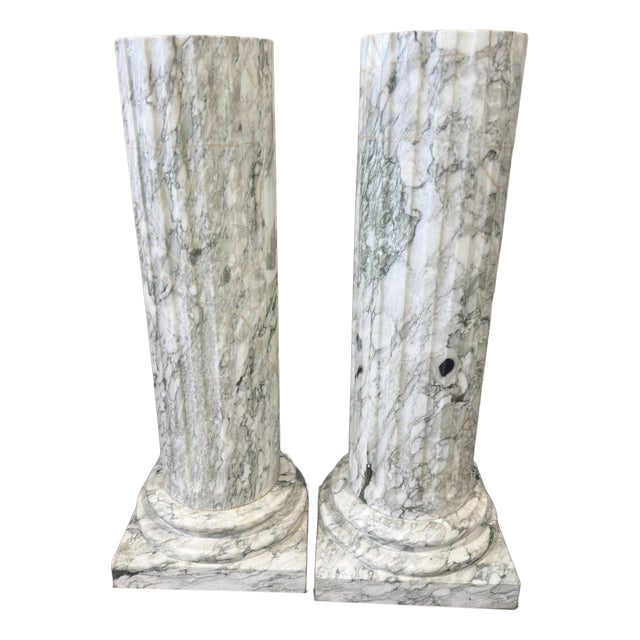 Large Fluted Verde Alpi Marble Columns on Stepped Bases, Set of 2 For Sale