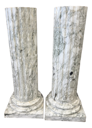 Large Fluted Verde Alpi Marble Columns on Stepped Bases, Set of 2