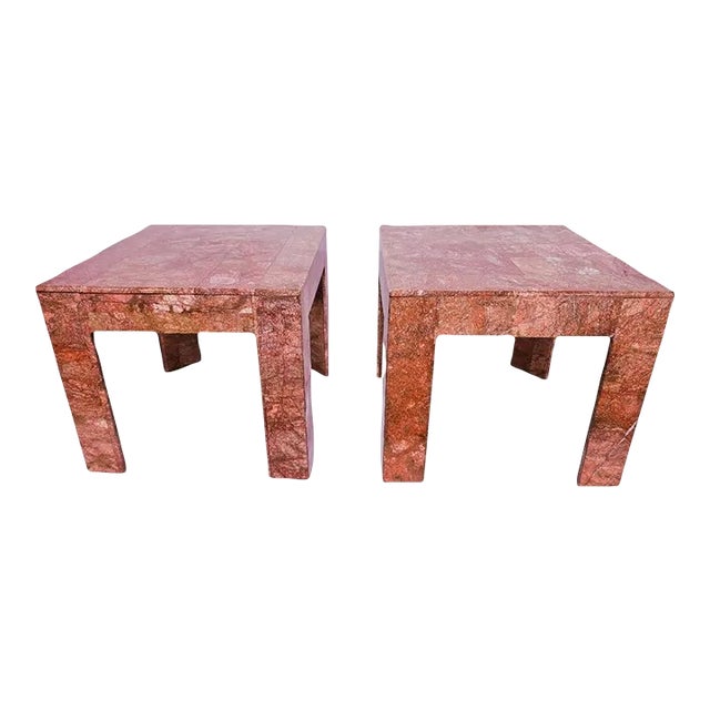 1960s Mid Century Hollywood Regency Karl Springer Style Tessellated Pink Marble Side Tables - a Pair For Sale