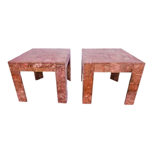 1960s Mid Century Hollywood Regency Karl Springer Style Tessellated Pink Marble Side Tables - a Pair