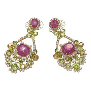 Bochic "Orient" Ruby, Citrin & Peridot Earrings Set In 18K Gold & Silver For Sale