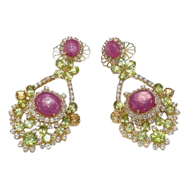 Bochic "Orient" Ruby, Citrin & Peridot Earrings Set In 18K Gold & Silver For Sale
