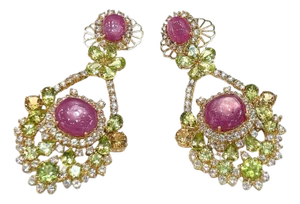 Bochic "Orient" Ruby, Citrin & Peridot Earrings Set In 18K Gold & Silver